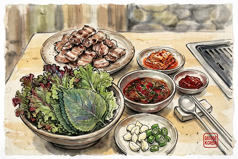 A modern ink-wash color painting close-up of grilled Korean BBQ pork, lettuce, perilla, garlic, kimchi, and dipping sauces arranged on a table.