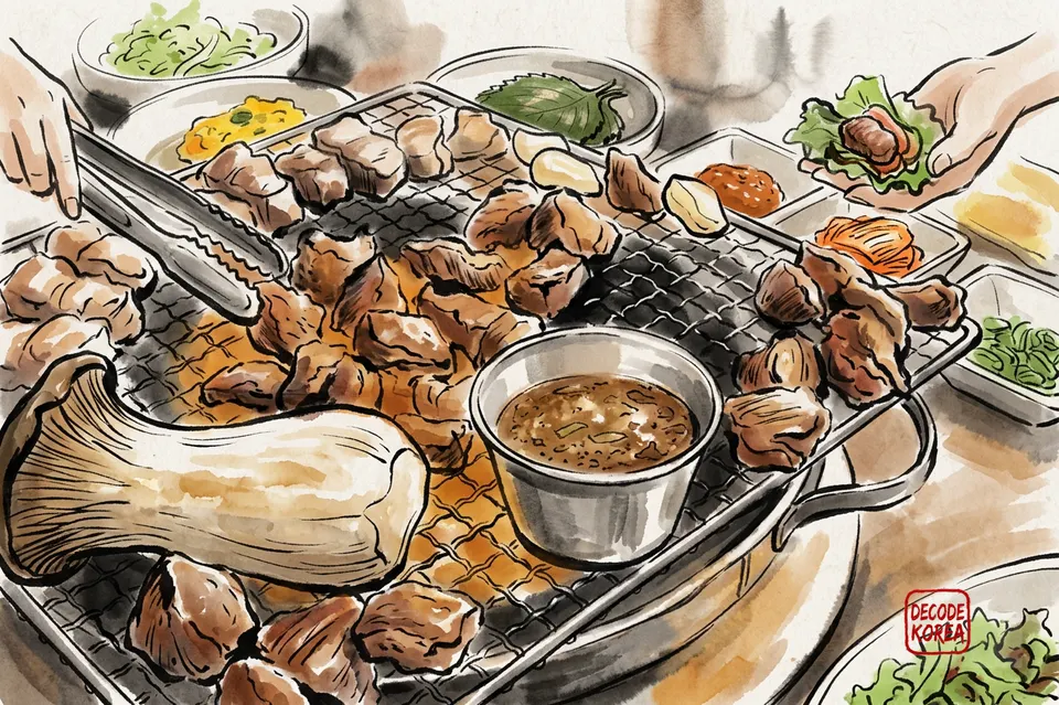 A modern ink-wash color painting of Korean barbecue meat grilling at the center of a shared table with lettuce, perilla, and side dishes.