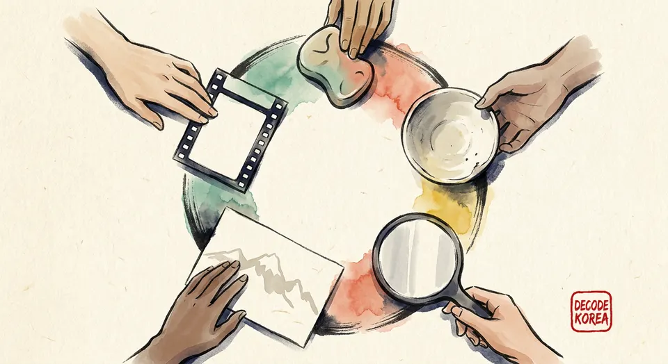 Five anonymous hands sample a blank film frame, game token, bowl, mirror, and mountain card in an ink-wash circle.
