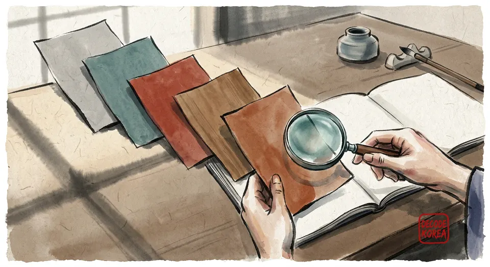 Colored paper fragments narrow toward a magnifying lens and blank notebook on a sunlit ink-wash desk.