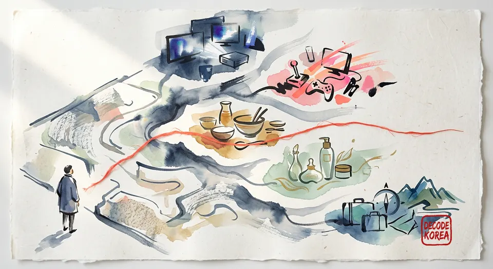An AI-generated modern ink-wash map with an anonymous visitor, five abstract culture islands, and a red path narrowing toward one question.