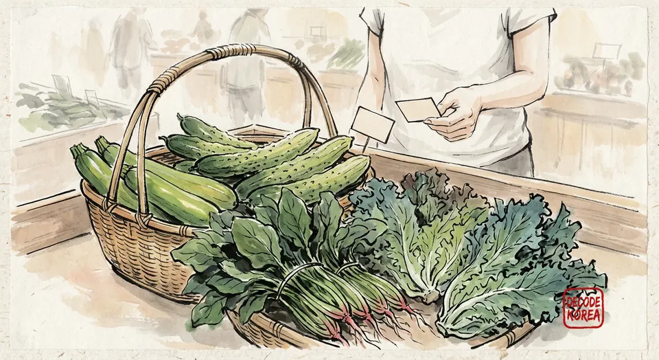 A modern Korean ink-wash painting of a grocery basket with spinach, cucumbers, zucchini, and blue lettuce arranged in heat-stressed layers.