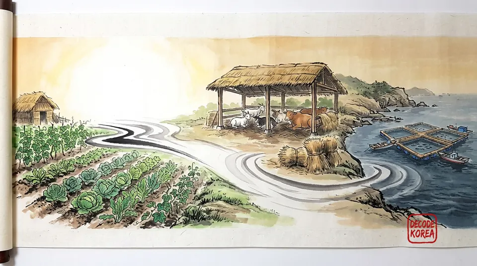 A symbolic ink-wash sequence linking a vegetable field, a shaded livestock shelter, and coastal fish pens through three widening ripples.