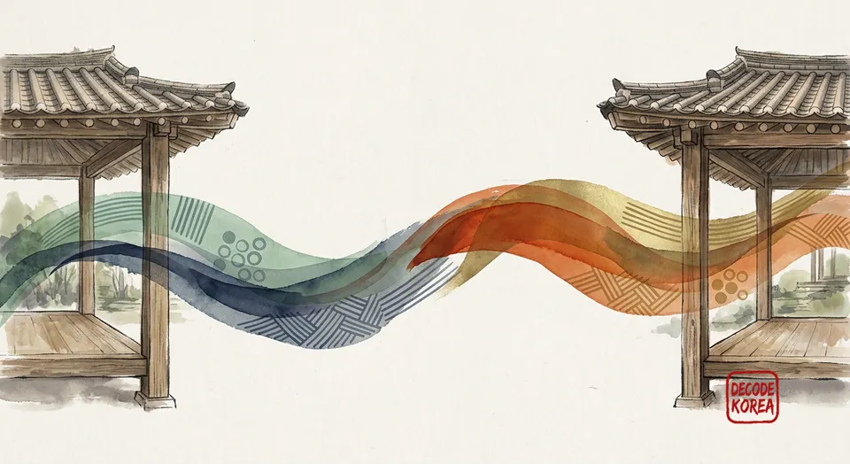 An AI-generated modern ink-wash illustration of two open wooden pavilions joined by a ribbon of changing colors and patterns.