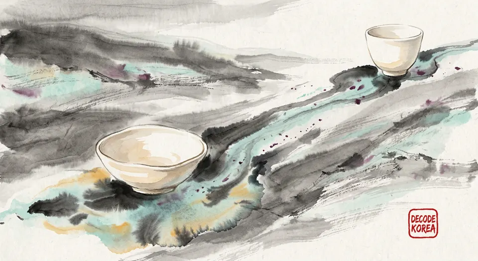 Two differently shaped ceramic bowls sit beside separate branches of one painted ink stream.
