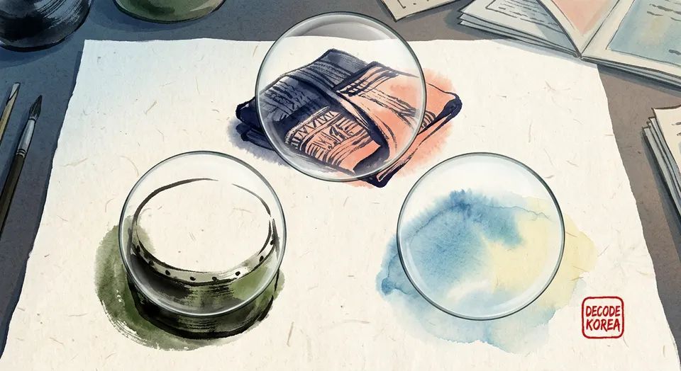 Three circular lenses reveal different abstract painted cultural objects on a paper worktable.