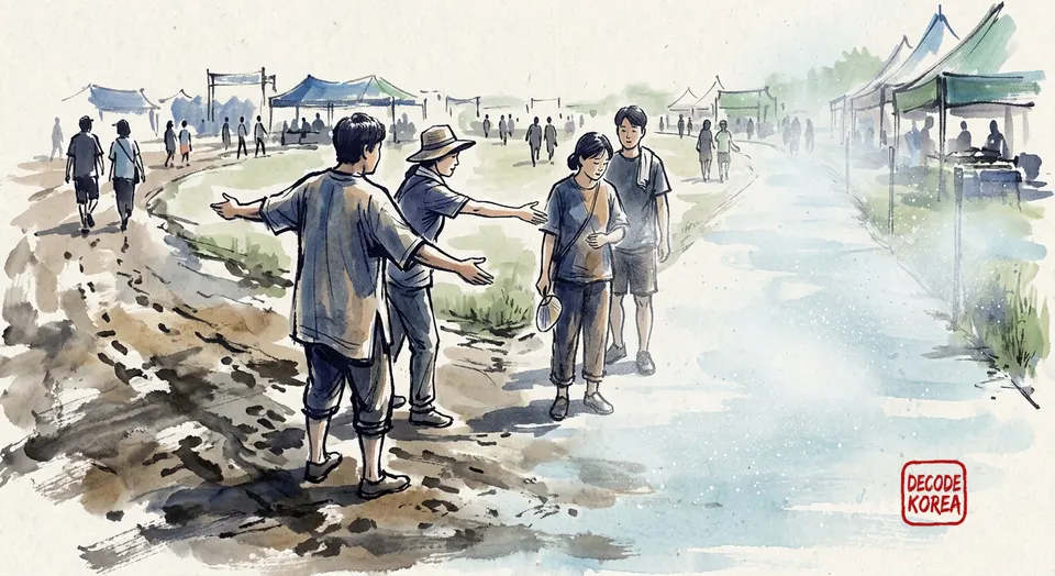 An AI-generated ink-wash illustration of anonymous visitors choosing between imagined mud and water activity lanes.