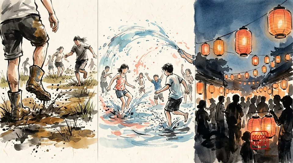 An AI-generated modern ink-wash triptych showing anonymous visitors moving through mud, water, and night festival settings.