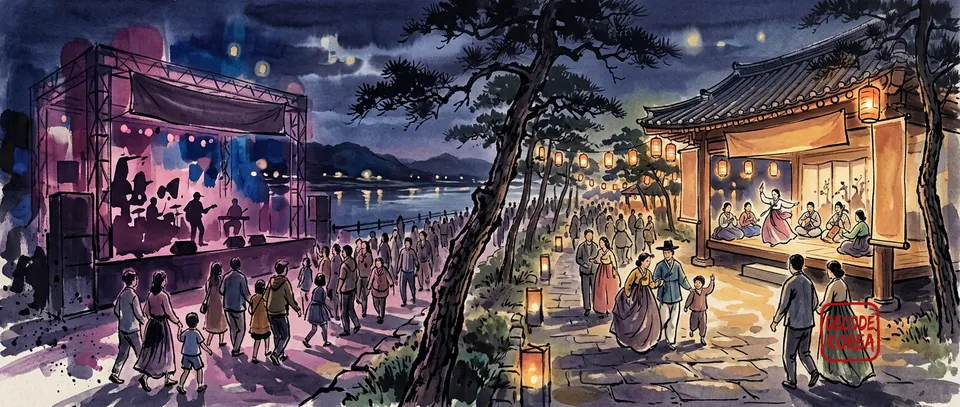 An AI-generated ink-wash illustration of anonymous visitors choosing between imagined music and traditional-arts spaces at night.