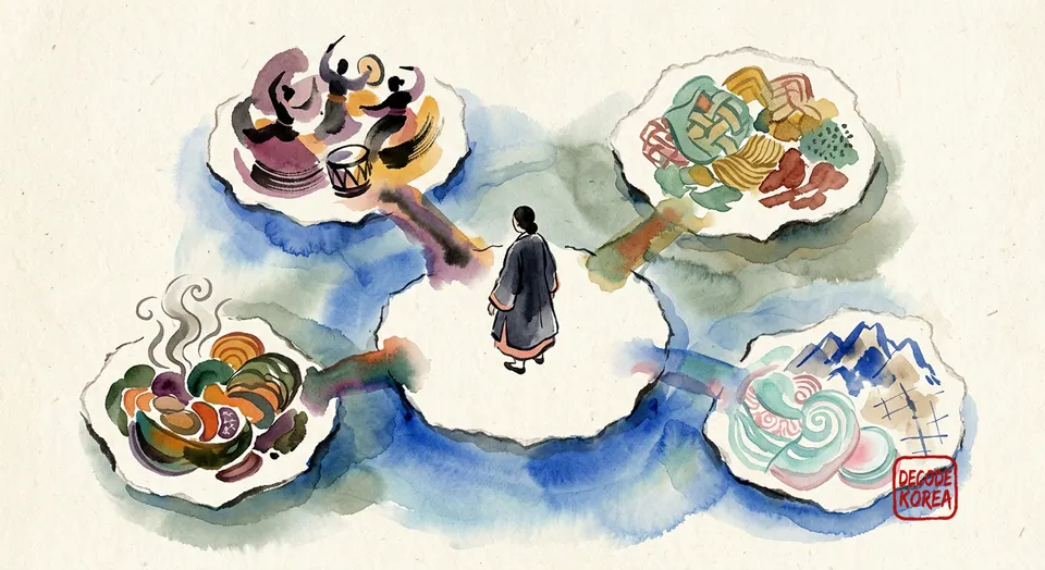 An AI-generated ink-wash illustration of an anonymous visitor surrounded by four abstract cultural activity clusters.