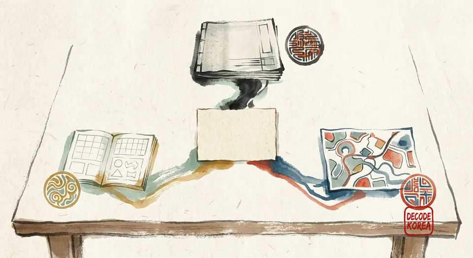 A modern Korean ink-wash painting of one blank notice branching toward a workbook, an orientation map, and a teacher's lesson folio.