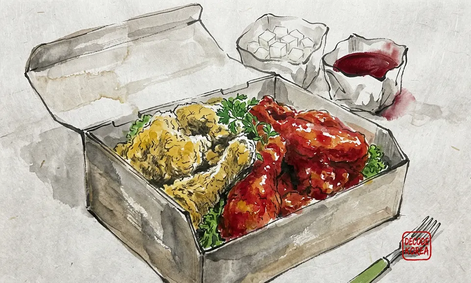 A modern ink-wash color painting of Korean fried chicken in an open delivery box with separate sauce and pickled radish containers.