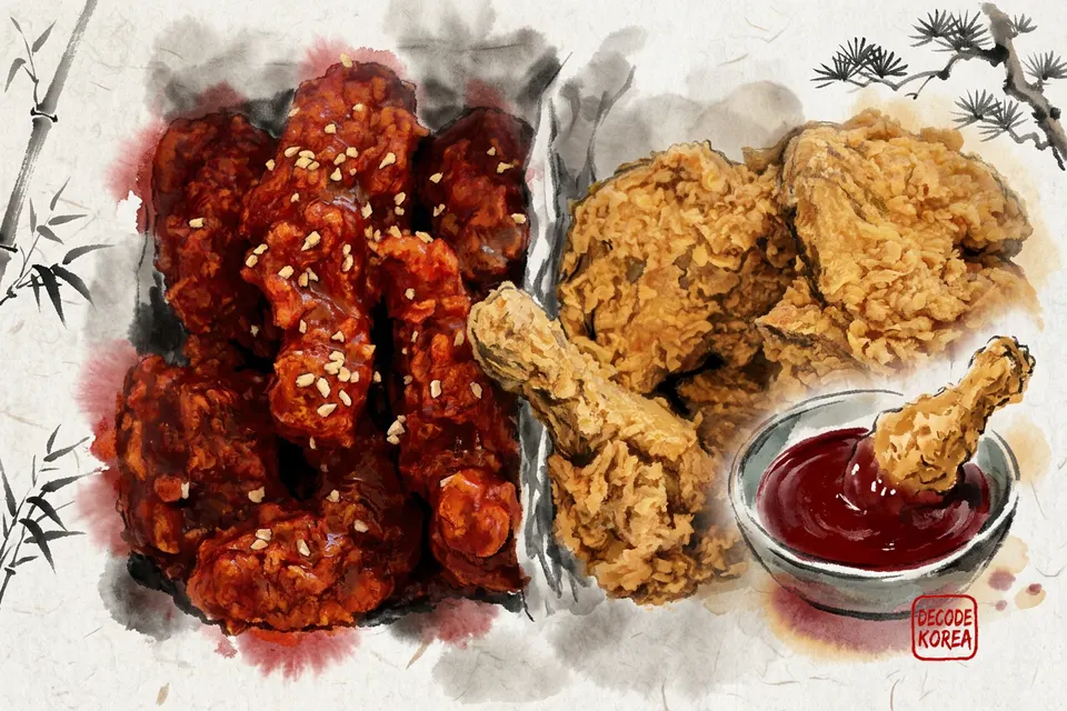 A modern ink-wash color painting of two portions of Korean fried chicken shown with sauce on the side and sauce already coating the crust.