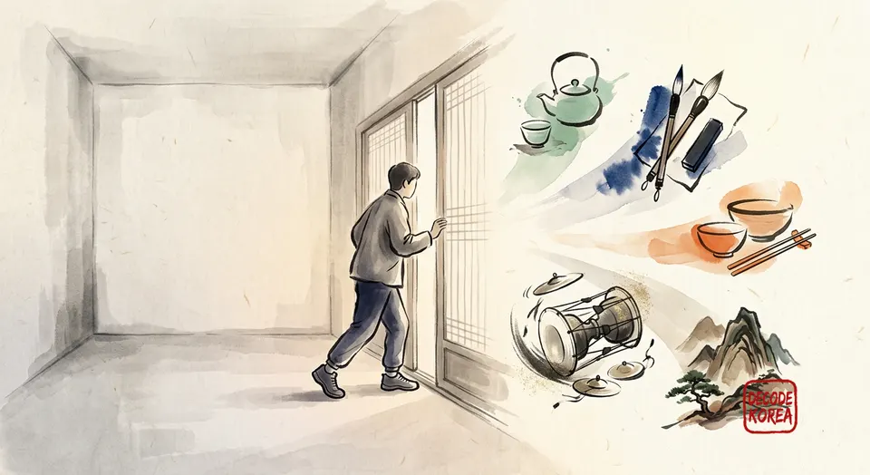 An AI-generated modern ink-wash illustration of an anonymous traveler moving from a quiet room toward five abstract cultural activity motifs.