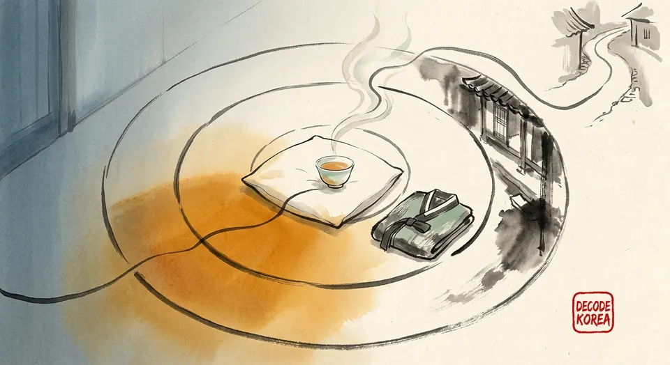 An AI-generated ink-wash arrangement of a tea cup, folded robe, cushion, courtyard shadow, and path in nested rings.