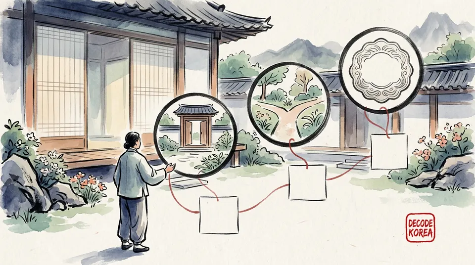 A modern Korean ink-wash illustration of a learner comparing three separate circular lenses in a quiet courtyard.