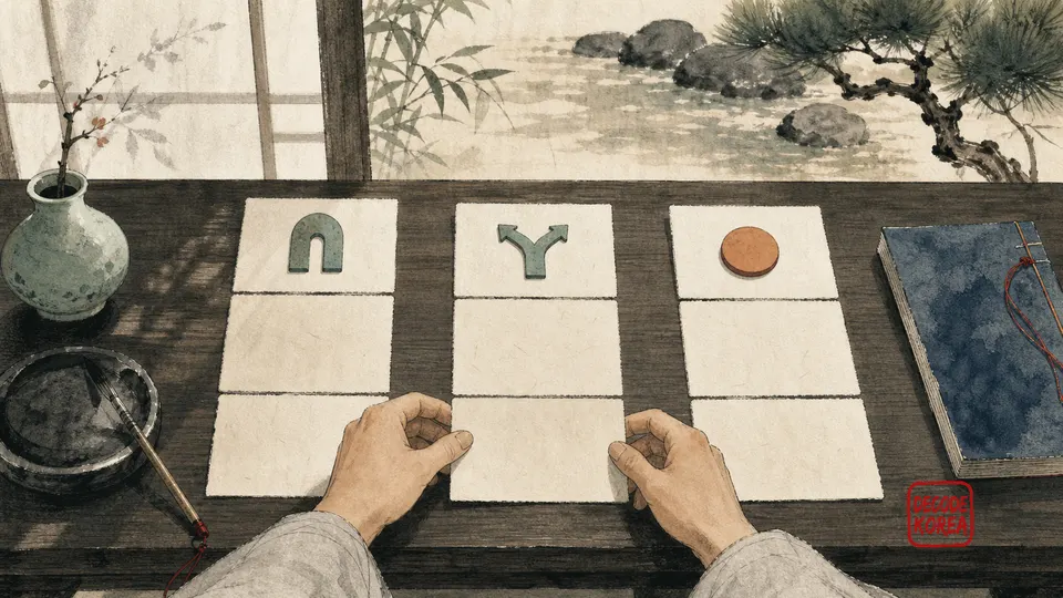 An ink-and-color illustration of an adult learner sorting blank cards beneath three separate doorway, branching-path, and plain-medallion tokens.