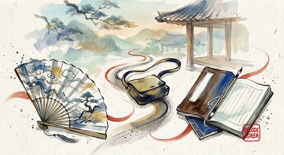 A modern Korean ink-and-color illustration of an open fan, a traveling satchel, and a practice folio on three separate paths.