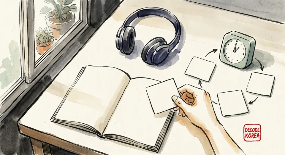 A modern Korean ink-wash painting of a blank notebook, plain headphones, an analog timer, and blank practice cards arranged in a study loop on a desk.