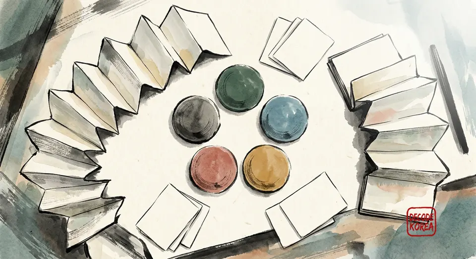 A modern Korean ink-wash painting of two blank accordion calendars surrounding five colored round stones.