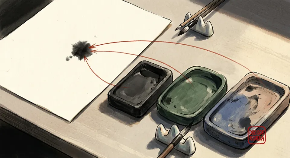 A modern Korean ink-wash illustration of a blank writing sheet linked by red brush lines to three ink stones.