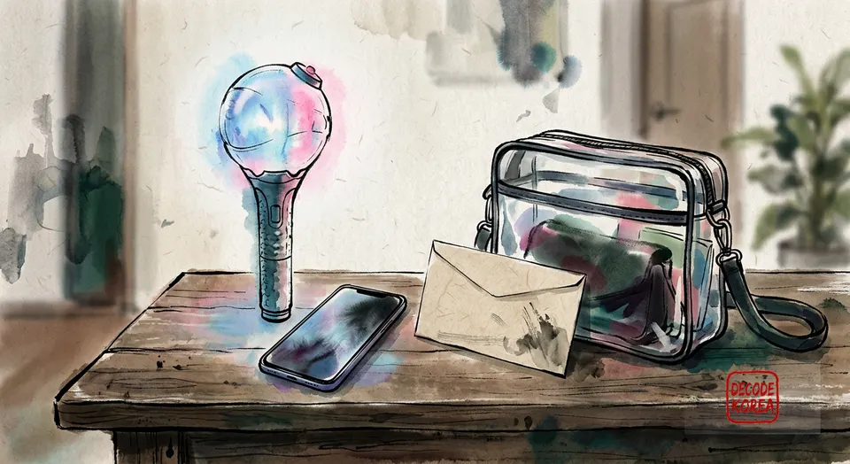 A modern ink-wash color painting of a generic light stick, phone, blank ticket envelope, and clear bag on a wooden entry table before a concert.