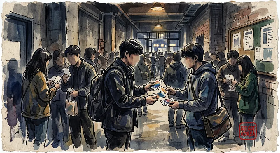 A modern ink-wash color painting of anonymous concertgoers exchanging blank abstract collectible cards in a venue corridor before doors open.