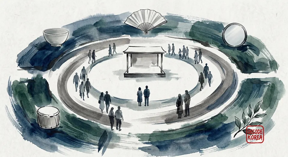 Anonymous visitors circle an abstract stage bordered by an unmarked bowl, fan, mirror, drum, and leafy branch.