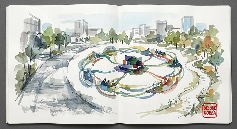An AI-generated ink-wash city garden where a broad public path and a narrow participant path meet near an abstract stage.