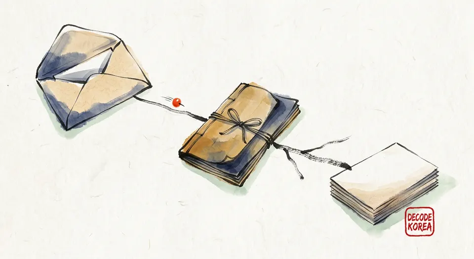 A modern Korean ink-wash painting of an open envelope, a tied folio, and blank survey cards connected by an ink line.