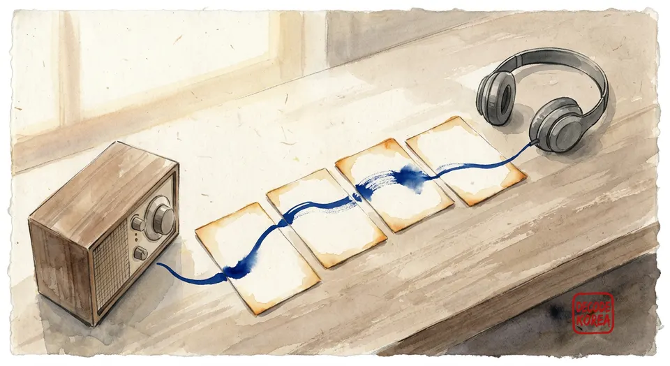 A modern Korean ink-wash painting of four blank listening cards linking a radio speaker to headphones.