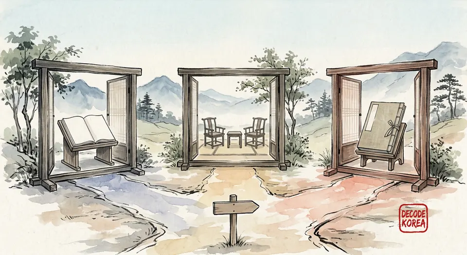 A modern Korean ink-wash painting of three open gates holding a learner book, interview chairs, and a teacher folio.
