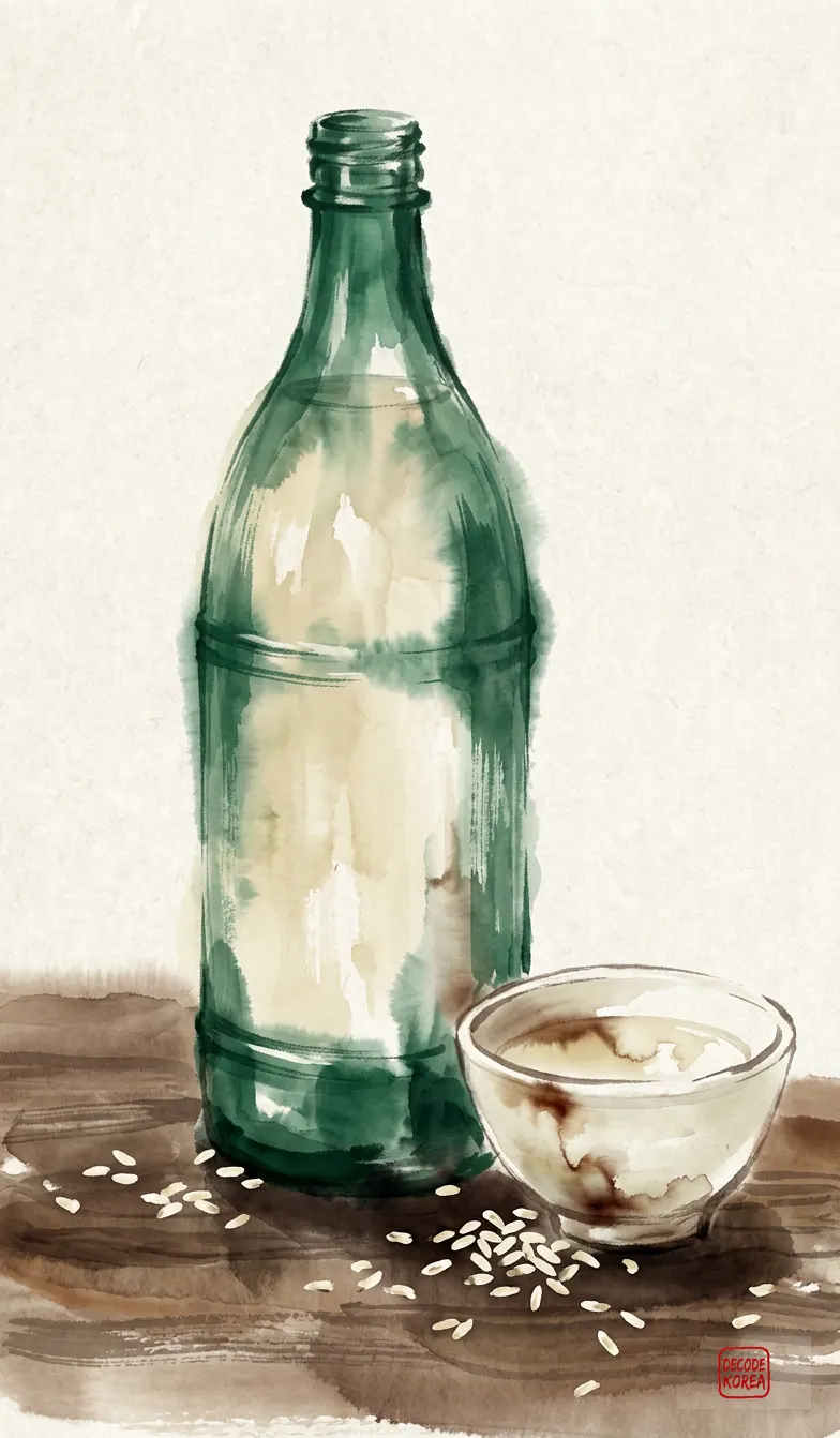 A modern ink-wash color painting of a plain makgeolli bottle, rice grains, and a ceramic bowl on a Korean table.