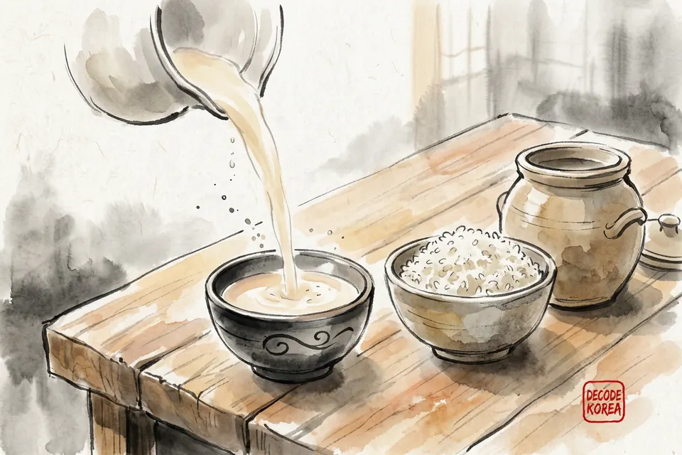 A modern ink-wash color painting of cloudy makgeolli being poured into a small Korean bowl beside rice and a ceramic jar.