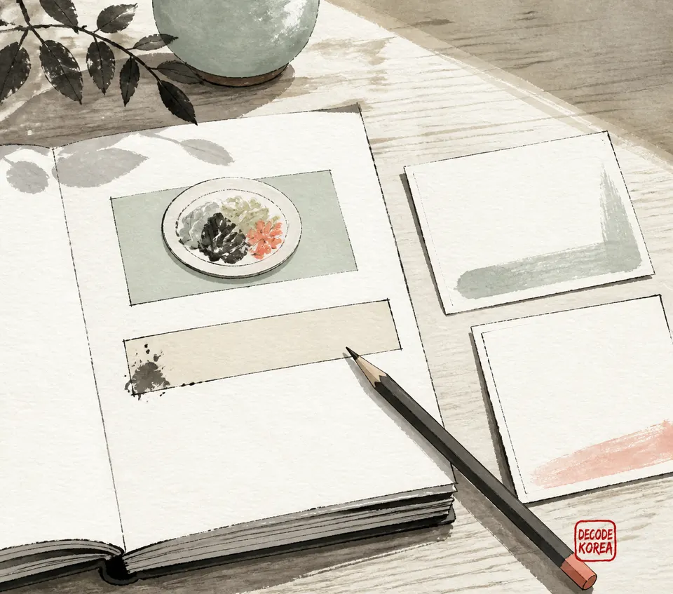 An ink-wash close illustration of a pencil, open language notebook, and blank food-word study cards on a paper-covered desk.
