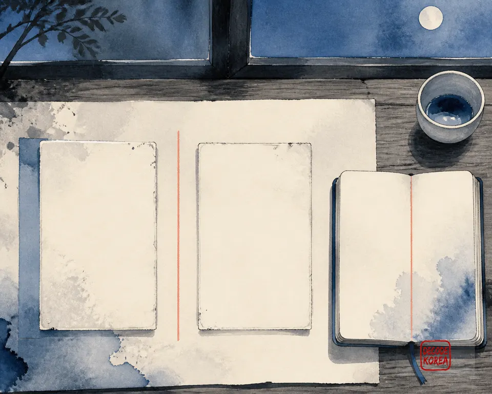 An ink-wash overhead illustration of two blank menu cards separated by a muted coral line beside an open comparison notebook.