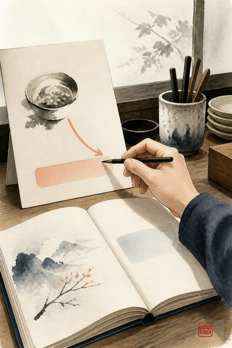An ink-wash editorial illustration of an anonymous hand tracing a Korean menu word toward an English gloss on a blank card beside an open language notebook.