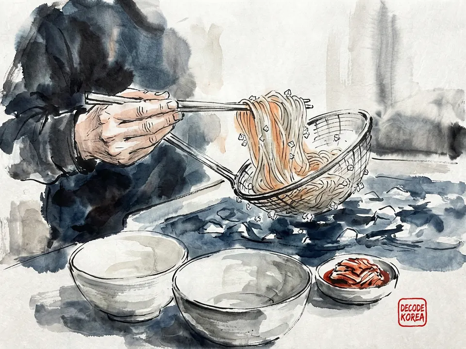 A modern ink-wash color painting of chilled Korean noodles being lifted from ice-cold water with a metal strainer and serving bowls nearby.