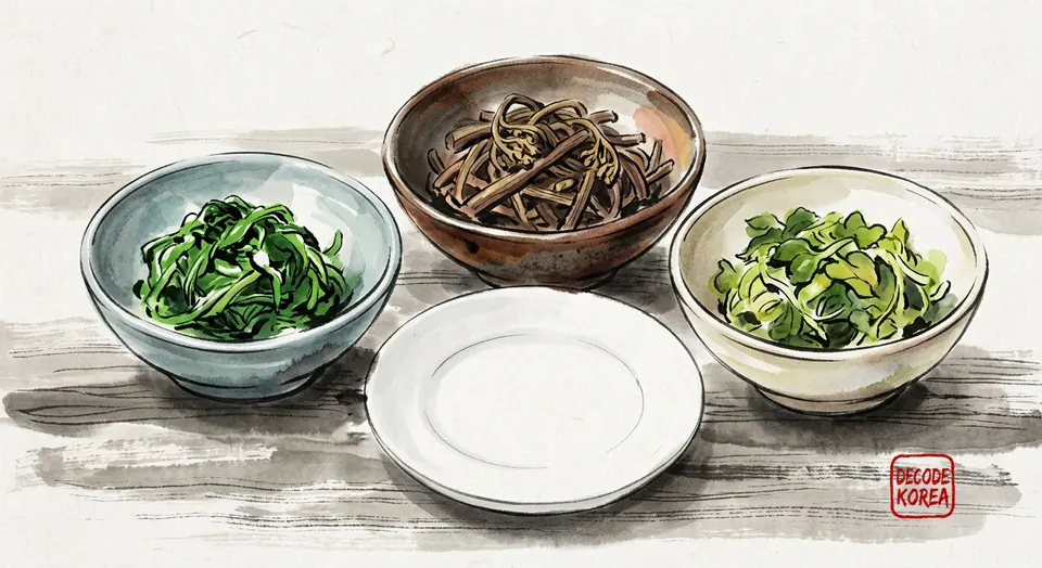 A modern ink-wash color painting of three Korean namul vegetable side dishes in ceramic bowls: seasoned spinach, gosari fernbrake, and dressed spring greens around an empty plate.