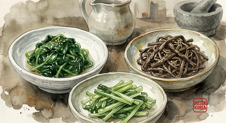 A modern ink-wash color painting close comparison of Korean namul textures: glossy spinach, chewy gosari fernbrake, and crisp-tender green stems in ceramic dishes.