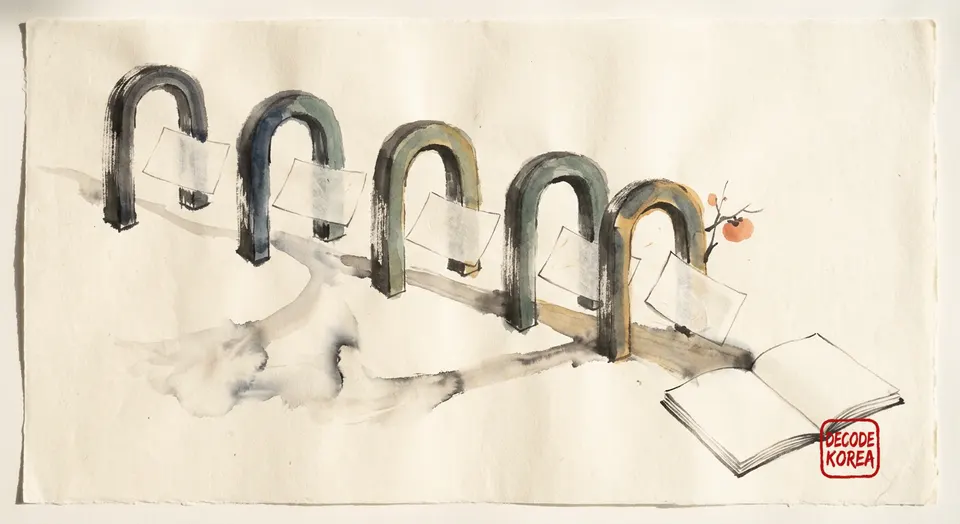 A modern Korean ink-wash painting of five blank study cards passing through five separate gates toward an open notebook.