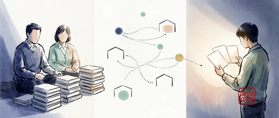 A modern Korean ink-wash painting of two anonymous educators beside stacked books, a dotted network connecting simple school shapes, and a learner comparing three blank course cards.