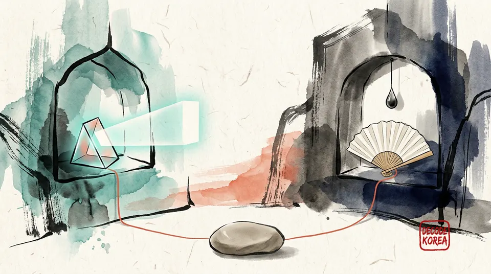 A glowing prism and a blank folding fan occupy separate painted alcoves joined to one smooth listening stone by a red thread.