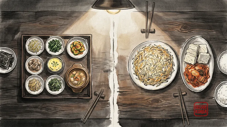 Ink-wash illustration comparing a composed Korean set with potato pancake and tofu-kimchi plates on a divided table.