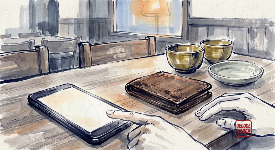 Ink-wash illustration of hands checking a blank phone beside a wallet and brass cups.