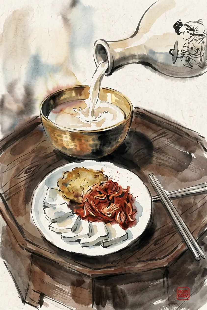 A modern ink-wash color painting of makgeolli poured into a brass bowl beside sliced potato pancake, tofu, and stir-fried kimchi.