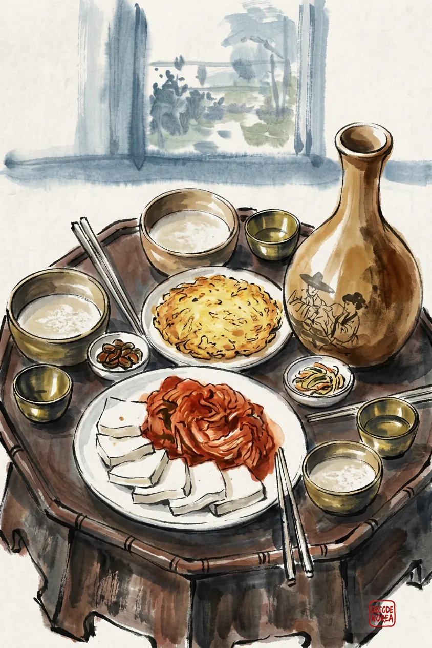 A modern ink-wash color painting of a Korean sharing table with makgeolli, brass cups, potato pancake, tofu, kimchi, and small side dishes.