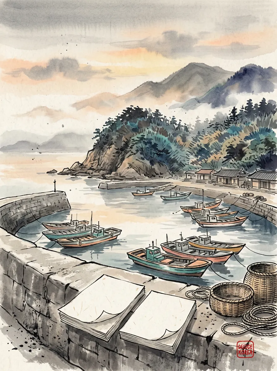 An imagined late-summer Korean harbor painted in ink wash, with blank paper panels on a seawall.