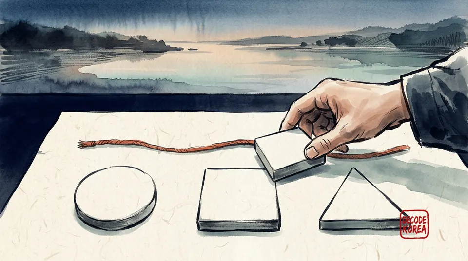 A hand sorts blank geometric tokens on a paper table above an imagined tidal inlet.