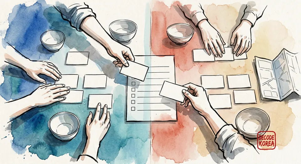 Ink-wash illustration of anonymous hands sorting blank food cards from blue and red sides toward a central checklist.